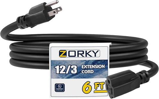 6ft Indoor Outdoor Extension Cord - 12/3 SJTW Heavy Duty Extension Cable with 3 Prong Grounded Plug for Safety -15Amp 1875W Black Electric Cord Great for Garden, Appliances