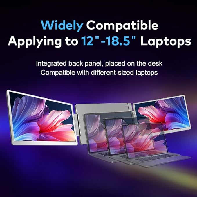 Laptop Screen Extender for Triple Display - 16" QHD 2500P Portable Monitor, Detachable, Plug & Play Dual Monitor Extender for 12"-18.5" Laptops, Compatible with Windows/Mac/Android/Chrome/PS3/PS4