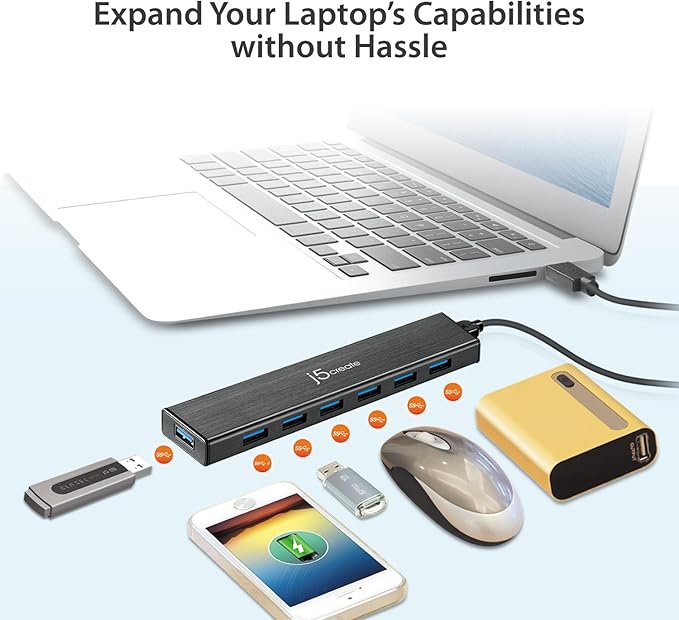 j5create 7-Port Powered USB 3.0 Data Hub with 3.3 ft Extended Cable [20W Power Adapter Included] for Mac, MacBook, Windows, Laptop, Surface, XPS, PC (JUH377)