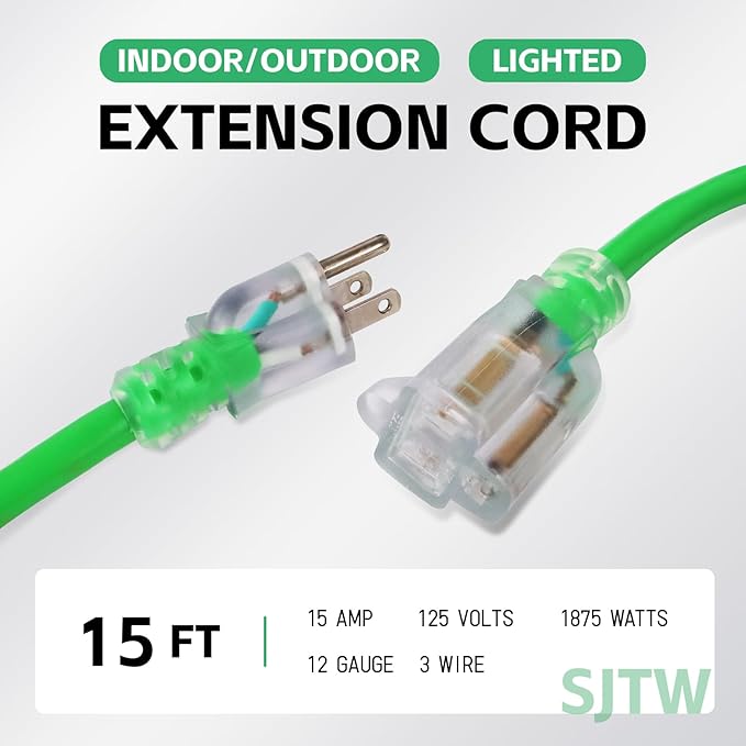 EP 15 Ft Outdoor Extension Cord, 12/3 SJTW Heavy Duty Waterproof Power Cable, 3 Prong Grounded Plug, Lighted End, for Lawn, Garden, Appliances, Green