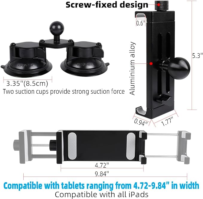 Aluminum Tablet Holder with Dual Suction Cup Base for Car/Boat Windshield, Tablet Stand Fits iPad Air 13" M2 (2024), iPad Pro 12.9" and other 4.7-15" Tablets, Mount on Window Bathroom Mirror