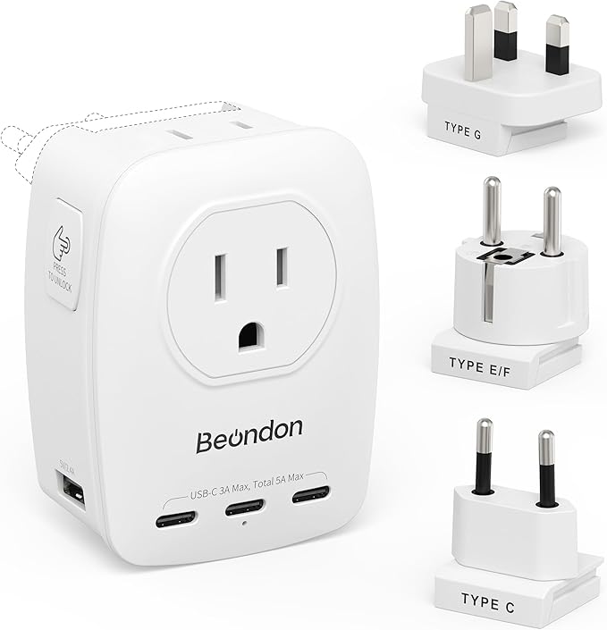 BEONDON European Travel Adapter Kit with Detachable Plugs (C/E/F/G) for UK, France, Germany, Italy, Spain & More - 2 US Outlets & 5 USB Ports (3 USB C) - Multi-Device Charger