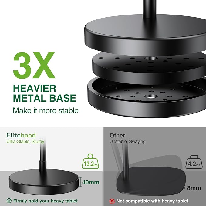 elitehood Adjustable Tablet Floor Stand with Heavy Duty Base, 24in Horizontal Long Arm iPad Floor Stand Holder for Bed Recliner Sofa, Compatible with iPad mini Air Pro 13/12.9 and 4.7-13in Devices