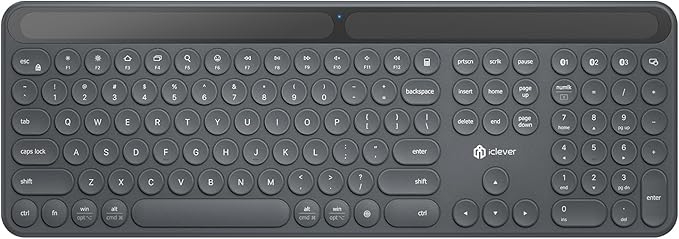 iClever Solar Bluetooth Keyboard, Wireless Keyboard with Solar & Indoor Light Charging, Full Size, 3-Device Connectivity, Silent Scissor Round Keys, Numeric Keypad for Office/Home/Mac/Windows