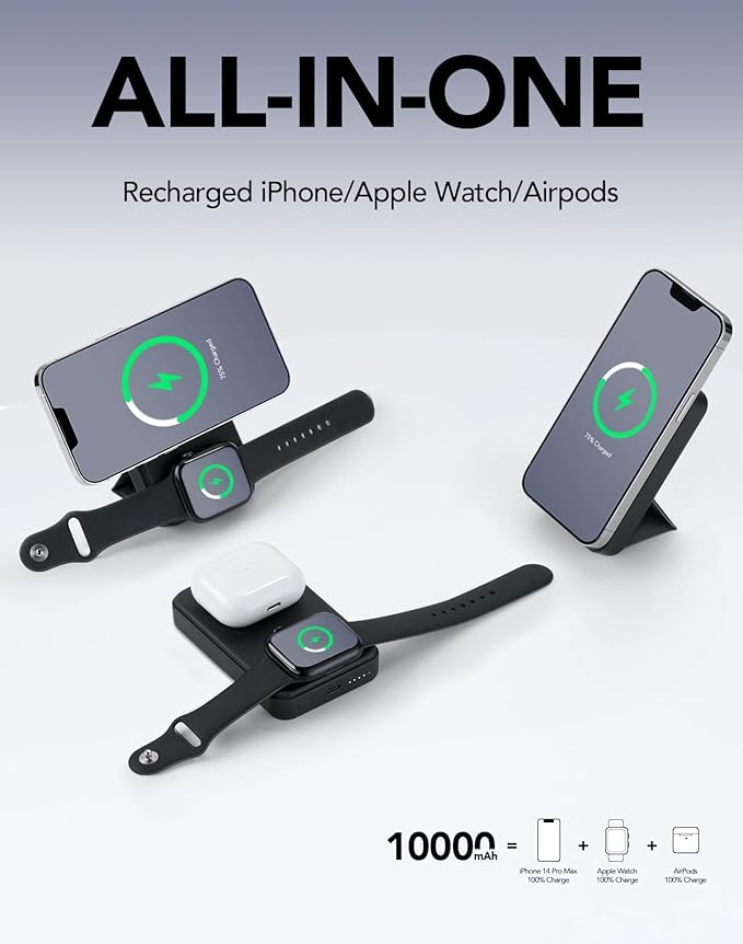 All-in-one 10000mAh MagSafe Compatible Battery Pack Portable Power Bank with Foldable Stand Magnetic Power Bank, Compatible with iPhone 17/16/15/14/13/12, Apple Watch and AirPods