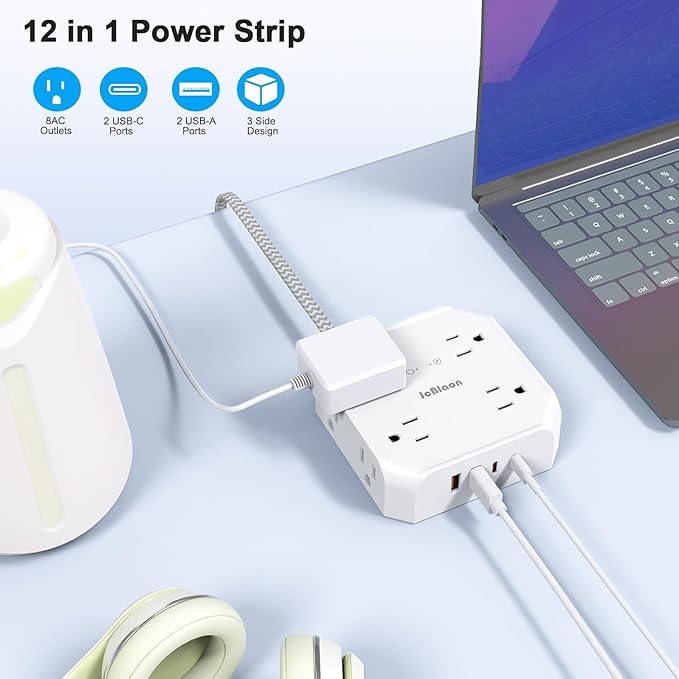 Surge Protector Power Strip, 8 Outlets with 4 USB Ports(2 USB C), 4-Sided 1050J Outlet Extender with 5FT Flat Extension Cord for Travel, Home, School, College Dorm Room Essentials