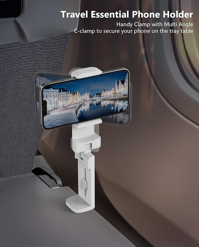 MiiKARE Travel Essentials Airplane Phone Holder, Universal Handsfree Phone Mount for Flying with 360 Degree Rotation, Travel Must Haves Phone Stand for Desk, Tray Table, White