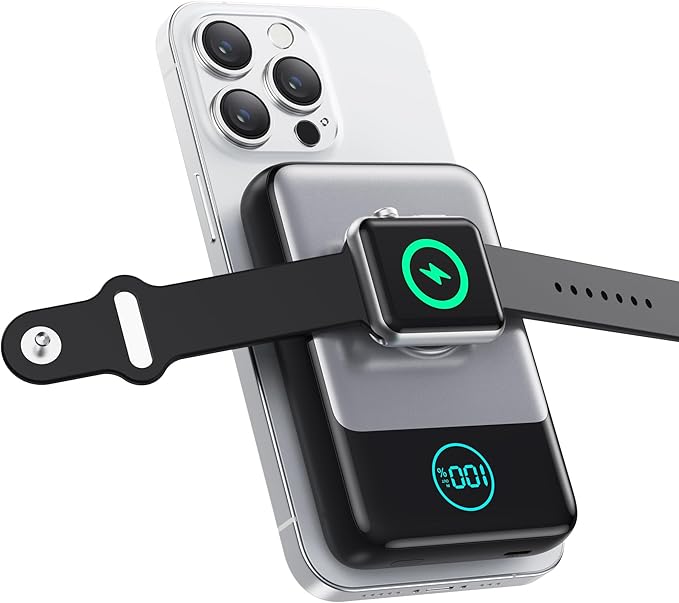 Magnetic Portable Charger for iPhone, 3-in-1 10800mAh Qi2 15W Wireless Power Bank with iWatch Charger,30W PD Fast Charging USB-C LCD Display Battery Pack for Magsafe,iPhone 16/15/14/13/12, Apple Watch