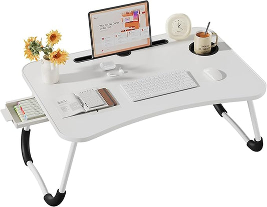 Lap Desk Bed Trays for Eating and Laptops Breakfast in Bed Tray for Sofa/Couch/Study/Reading/Writing with Cup Holder/Drawer On Low Sitting Floor Large Portable Foldable (White)