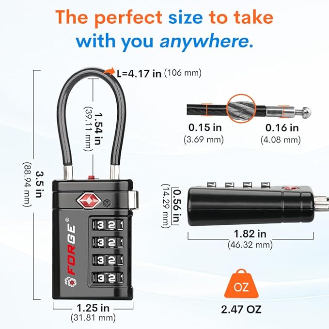 Forge TSA Approved Luggage Locks 4 Digit Combination TSA Travel Locks with TSA008, Open Alert Indicator, Zinc Alloy Body for Luggage, Suitcase, Backpack, and More. Black 2 Locks.