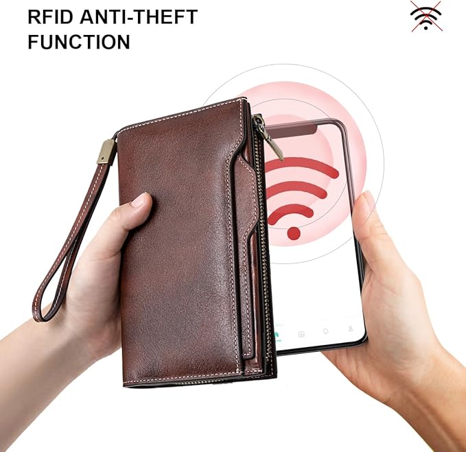 LANNSYNE Grain Leather Travel Passport Long Wallet for Men/Women RFID Blocking