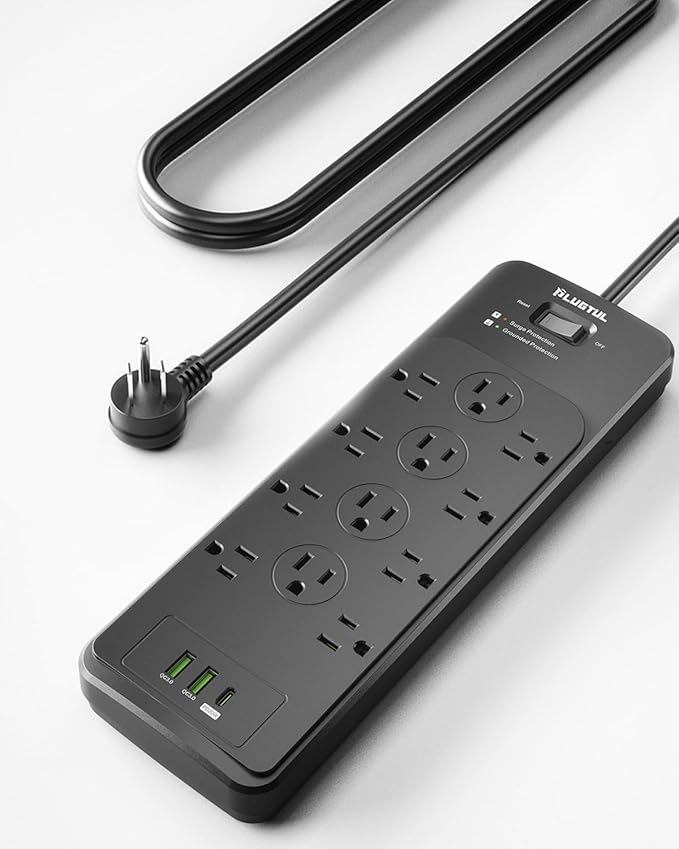 PLUGTUL Surge Protector Power Strip 5FT(4080J), Black Surge Protector with 12 Outlets - Spacious Design for Large Plugs, Flat Plug, 20W USB C Charging for Home, Office, ETL Listed