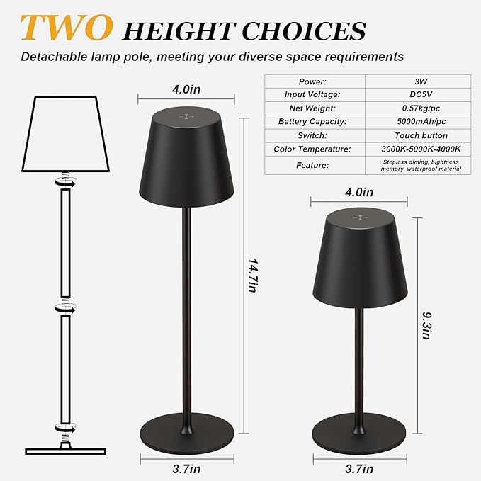 Cordless Table Lamp Rechargeable Black - KK 2 Pack 5000mAH Battery Operated Lamp for Counter, 3 Color Stepless Dimming Waterproof LED Wireless Lamp for Dining Kitchen, Outdoor Patio, Touch Control