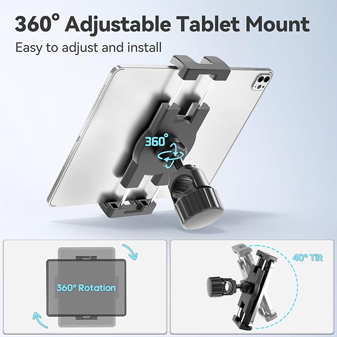 KDD Spin Bike Tablet Holder Mount, Adjustable iPad Phone Stand for Microphone Stand, 360° Rotatable Bike Handlebar Mount for Bicycle, Mic Stand, Fit for 12.9 Air Mini, Galaxy Tabs, iPhone(4.7-13”)