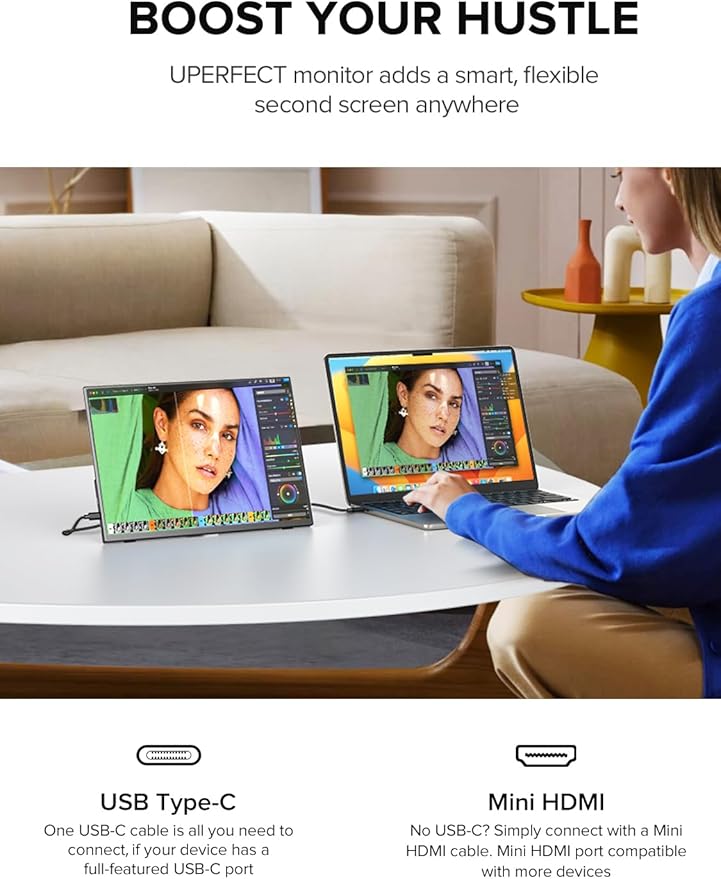 UPERFECT 4K Portable Monitor, 13.4" UHD 3840x2400 Matte IPS Laptop Display with Built-in Stand, 16:10 Aspect Ratio, 100% sRGB, 500 Nits Brightness, All-Metal Frame for PC/Mac/Phone/Game Console