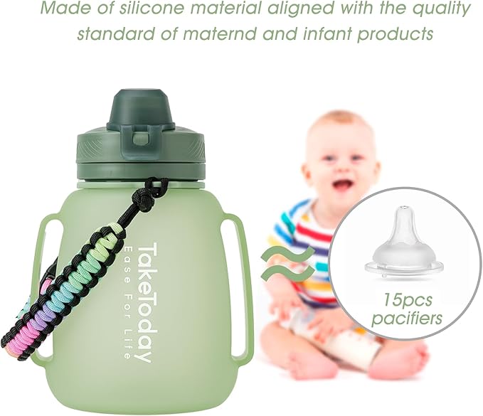 TakeToday 40 OZ Motivational Water Bottle with Straw and Paracord Handle 1.2L Silicone Sports Water Bottle with Time Marker(Green)