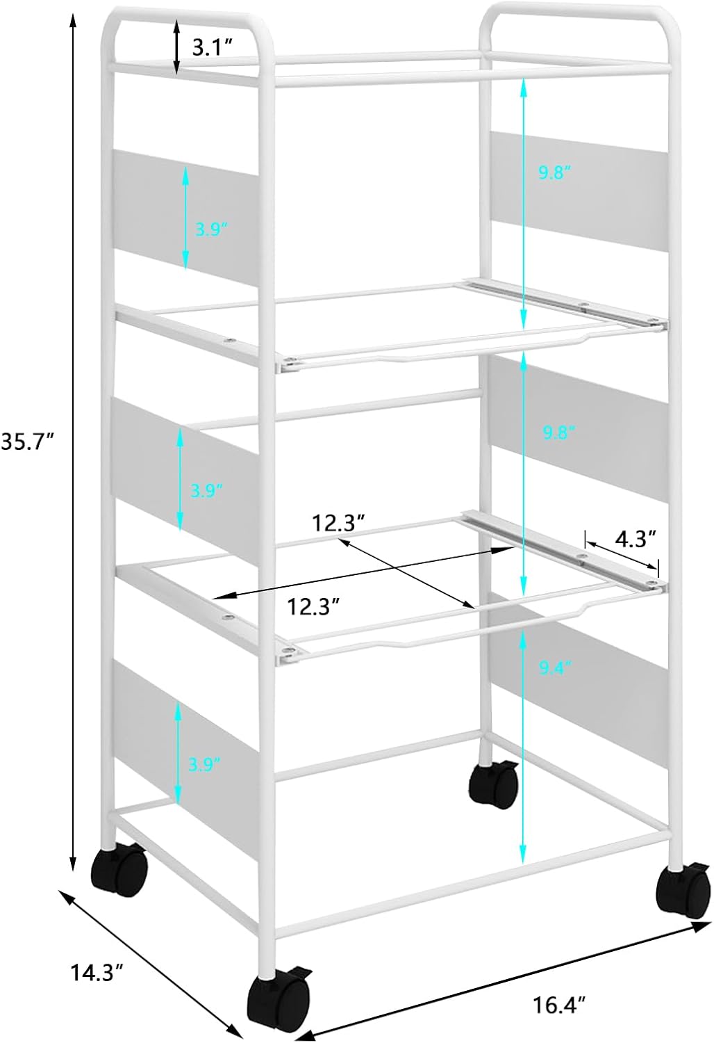 PUNCIA 3-Tier Metal Rolling File Cart with Wheels and Hanging Files for Letter Size - Movable Pull-Out Folder Rack Drawer Cabinet for Home Office