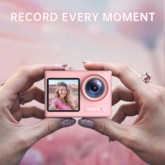 ODDV 4K60FPS 30MP Action Camera with Front LCD and Touch Rear Screens, Underwater Camera with 64GB Memory Card, 132FT Waterproof Camera, EIS, 5X Zoom, WiFi Remote Control（Pink）