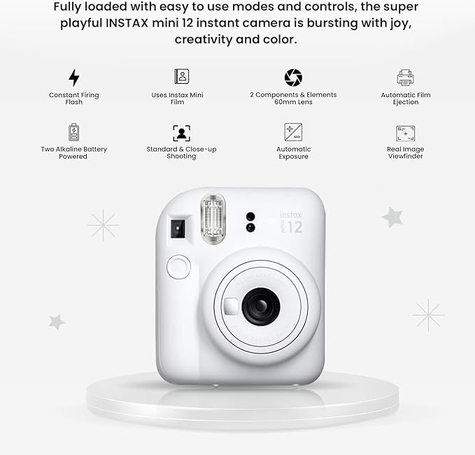 Fujifilm Instant Mini 12 Camera + Accessory Bundle & Compatible Custom Case + Fuji Instant (20 Shots) Designer Mini Photo Album (60 Pockets) (Clay White)