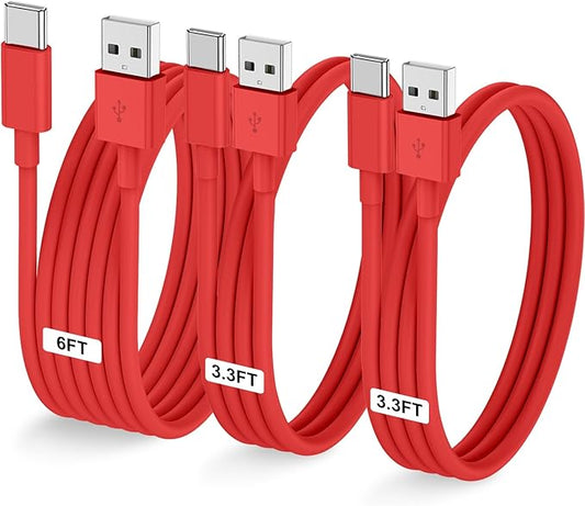 3-Pack Red [3.3FT+3.3FT+6FT] USB A to USB C Cable，USB to USB C Car Carplay Cable for iPhone Air 17 16e 16 15 Pro Plus Pro Max，for Galaxy S25/S24, for iPad Pro/Air/mini, for MacBook Pro/Air and More