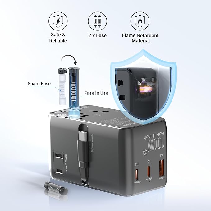 MINIX 100W Universal Travel Adapter with Retractable USB C Cable,GaN III International Power Adapter, Type-C*3 USB-A*1 Ports, AC Outlet, Worldwide Travel Charger for Laptops Tablets Phones Cameras