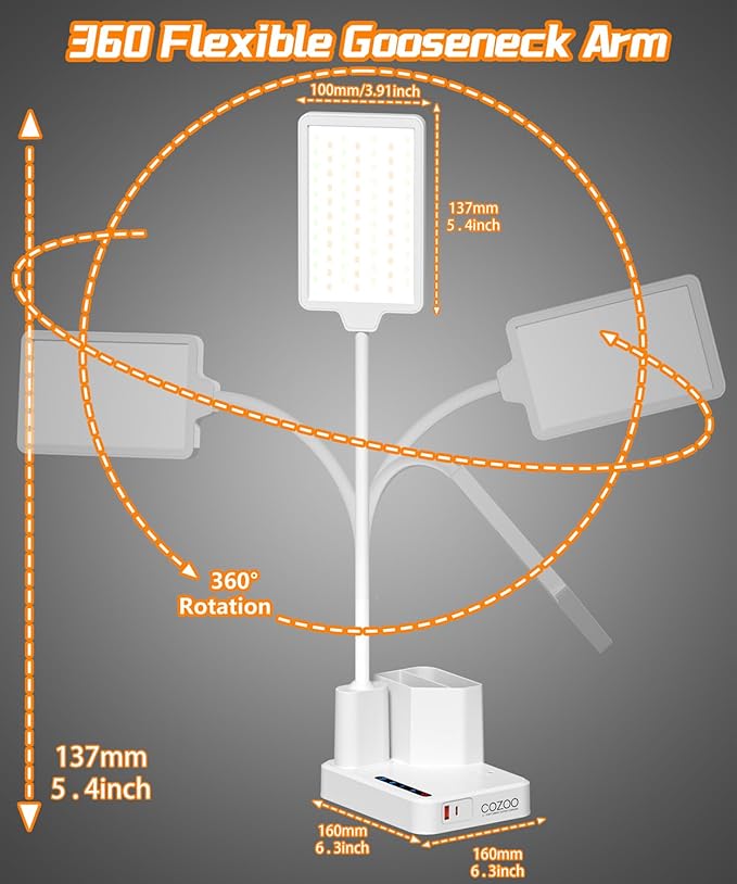 Desk Lamp, LED Desk Lamps for Home Office with 2 USB Charging Port/Outlet/Organizer,Desk Lamp for College Dorm Eye-Caring Study Light,Gooseneck Table Lamp with Pen Holders/Storage,9 Lighting Modes