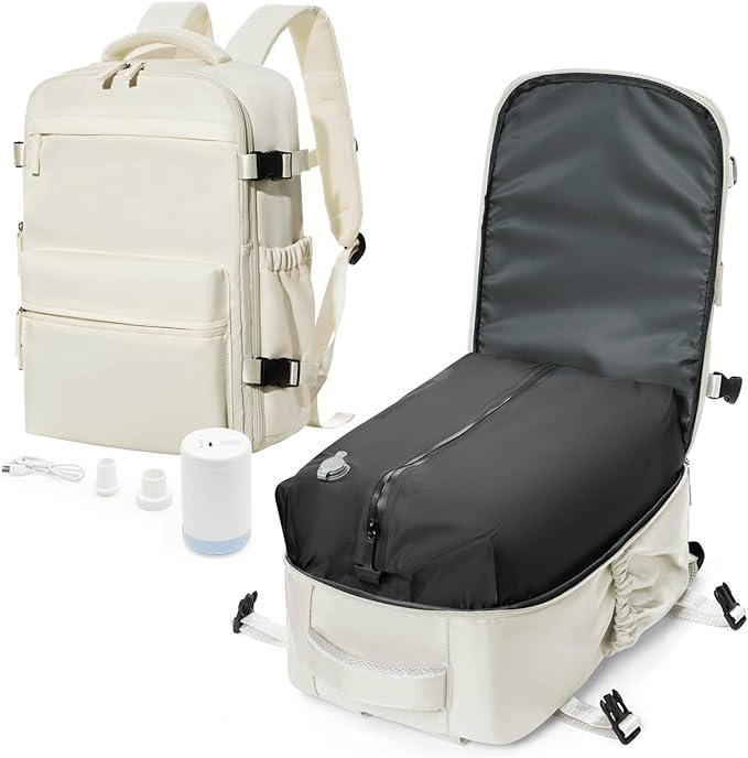 Vacuum Travel Backpack with Pump for Women,Personal Item Carry on Backpacks Flight Approved 18x14x8 inches for Men,Laptop Waterproof Work Compression bags Casual Daypack Beige.