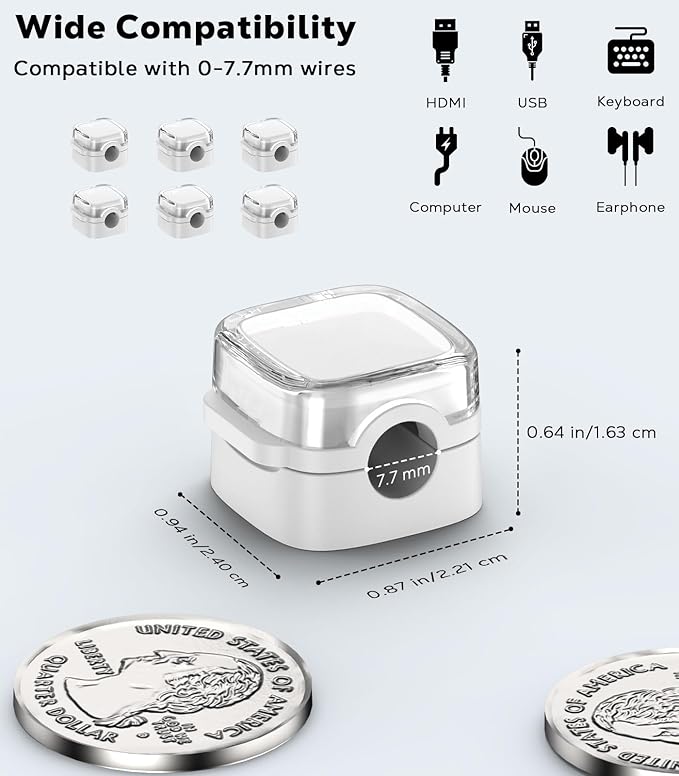 MoKo 6 Pack Magnetic Cable Clips, Under Desk Cable Management, Adhesive Magnetic Cord Holder, Magnetic Cord Organizer Wire Holder Keeper Organizer for Nightstand Desk Office Car Wall Glass, White