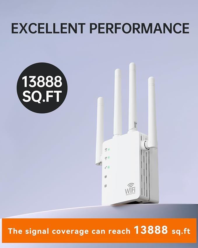 WiFi Extender with Ethernet Port, Covers Up to 13888 Sq.ft and 150+ Devices, WiFi Extender Signal Booster with Dual Band 5GHz/2.4GHz, Antennas, Ethernet Port & EasyMesh, 1-Tap Setup