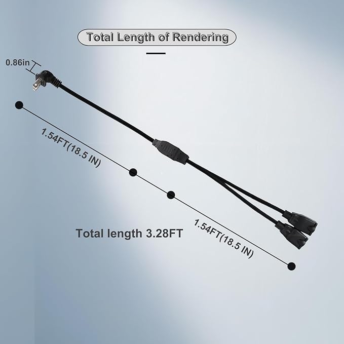 3FT Extension Cord Splitter- 2 Way Outlet Splitter Extension Cords 2 Prong with Right Angle Plug,Thin Design for Indoor/Outdoor Use, Christmas Lights & Home Appliances,Black