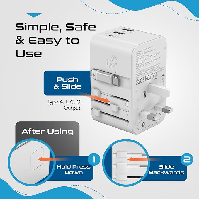Ceptics 5 in 1 International Travel Adapter with PD 45W Retractable USB-C Cable 65cm, 2X USB-A 2.4A, 1x USB-C 3A, Travel Adapter Worldwide for Laptop, Phones and Cameras for US, EU, UK, UP-45WC-WH