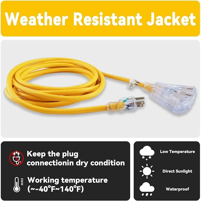 EP 2 Pack 50 Ft 12 Gauge Heavy Duty Extension Cord, 15A 125V 1875W, 3 Outlet Indoor/Outdoor Power Cord with Lighted End, 12/3 SJTW Weatherproof Yellow, UL Listed