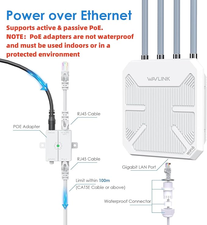 WAVLINK 2025 AX3000 WiFi 6 Wireless Outdoor Repeater, Long Range Outdoor WiFi Extender with Dual Band/PoE/IP67 /600mW of Power/Up to 256 Devices Work with Starlink, Support for Farm, Campsite