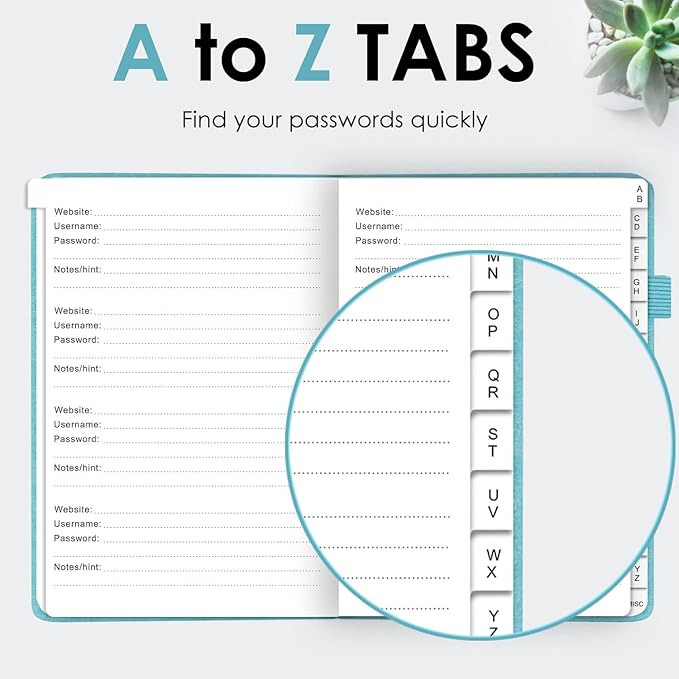 Elegant Password Book with Alphabetical Tabs - Hardcover Password Book for Internet Website Address Login - 7" x 10" Password Keeper and Organizer w/Notes Section & Back Pocket (Turquoise)