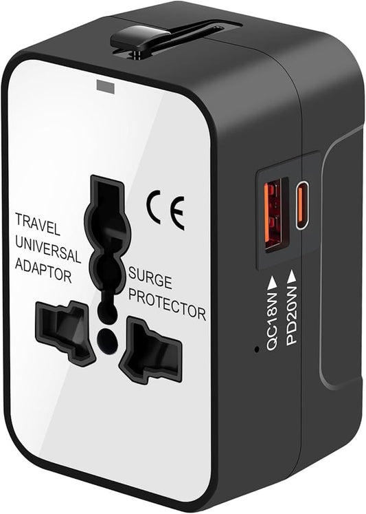 Travel Adapter with PD20W USB-C, Worldwide All in One Universal Travel Adaptor with Dual 3A USB Charging Ports, International Power Plug Adapter Wall AC Charger for USA EU UK AUS Cell Phone Laptop