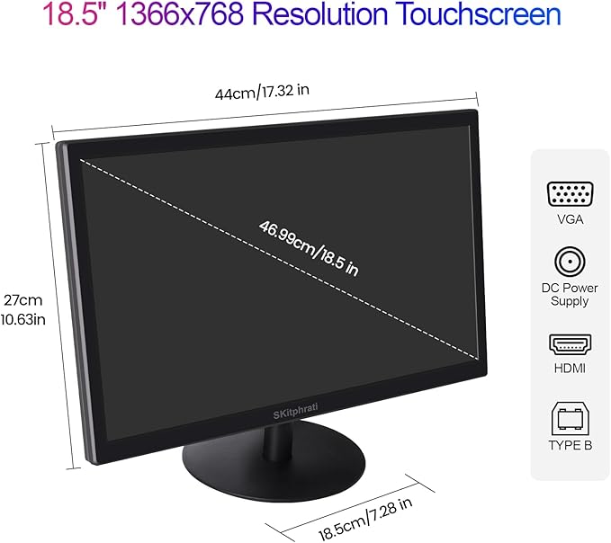 18.5 Inch Touchscreen Monitor HD 1366x768, VESA Wall Mountable, 10-Points Computer Touch Screen PC Display with Type-B HDMI VGA Port, 75Hz Desktop Touch Display, Black