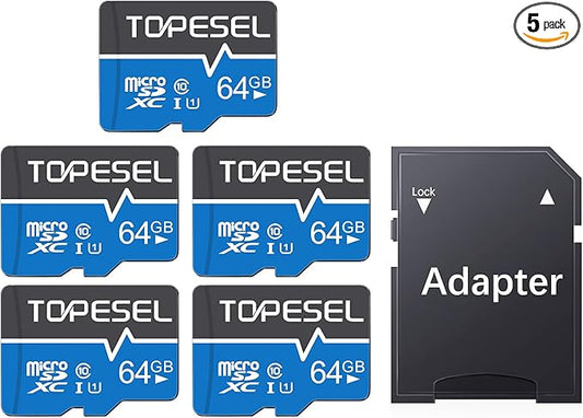 TOPESEL 5-Pack 64GB Micro SD Card Class 10 Micro-SDXC Memory Card UHS-I, High Speed Flash TF Card for Security Camera/Smartphone/Drone/Dash Cam/Tablet/PC, C10, U1, 64GB 5Pack