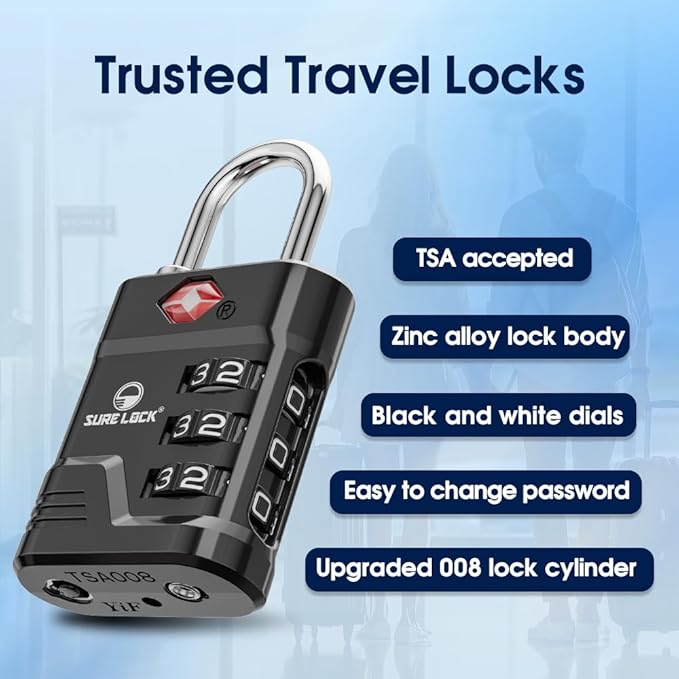 SURE LOCK TSA Locks for Luggage, TSA Approved Luggage Locks with Open Alert, 008 Key for High Security, Easy Read Dials, Zinc Alloy Body, Locker Lock for Suitcase, Gym, Travel. (Black 1 pk)