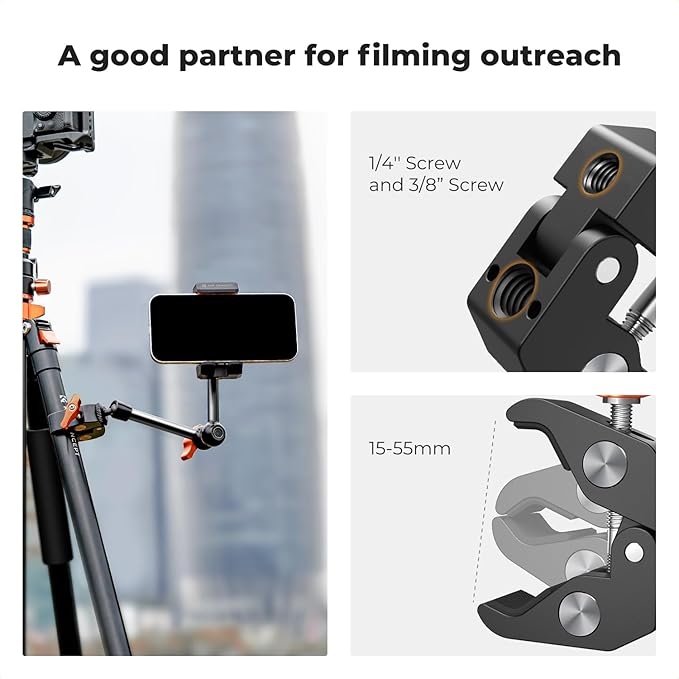 K&F Concept 9.8" Magic Arm Clamp Kit with 1/4" & 3/8" Thread Screw 360° Ball Heads Articulating Magic Arm with Tripod Mount Adapter for Gopro/LED Lights/Monitor/Flash/Microphone/DSLR Camera