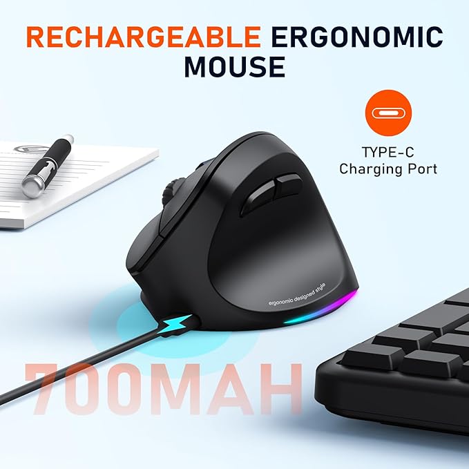 MEETION Ergonomic Mouse, Wireless Vertical Mouse RGB Backlit Rechargeable Mice for Bluetooth(5.2 + 3.0) & USB-A with USB-C Adapter 4 Adjustable DPI for Mac/Windows/Andriod/PC/Tablet/iPad Black