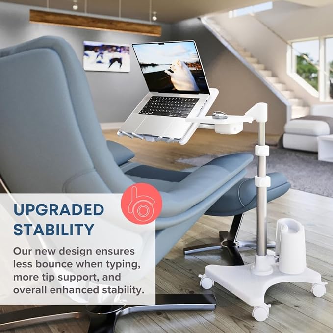 LEVO G2 Deluxe Adjustable Laptop Stand – Rolling Computer Desk & Ergonomic Table for Bed, Sofa, or Office – Portable Mobile Workstation with Tilt – Fits Devices up to 16″ - Silver & White