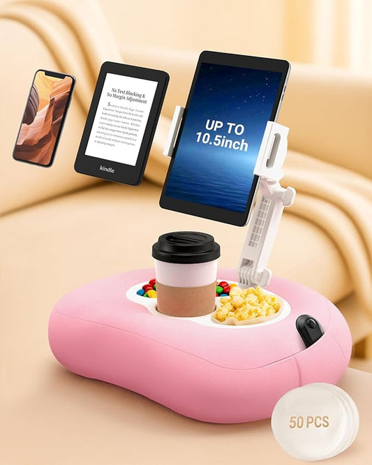 Kindle Pillow Stand for Bed, Adjustable Tablet & Phone Holder for iPad, Kindle, Couch – Snack & Drink Holders, 50 Disposable Liners & Washable Pillow Cover(Pink)