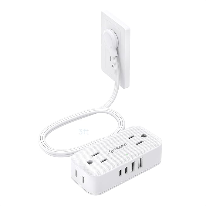 TROND Flat Plug Power Strip 3FT, Small Flat Extension Cord with Multiple Outlets, 4 AC and 4 USB Ports (2 USB C), Wall Mount 900J Surge Protector for Home Office Travel Dorm Room Essentials, White