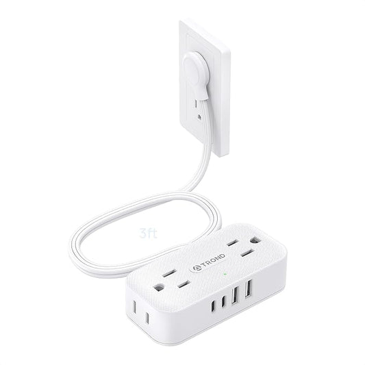 TROND Flat Plug Power Strip 3FT, Small Flat Extension Cord with Multiple Outlets, 4 AC and 4 USB Ports (2 USB C), Wall Mount 900J Surge Protector for Home Office Travel Dorm Room Essentials, White