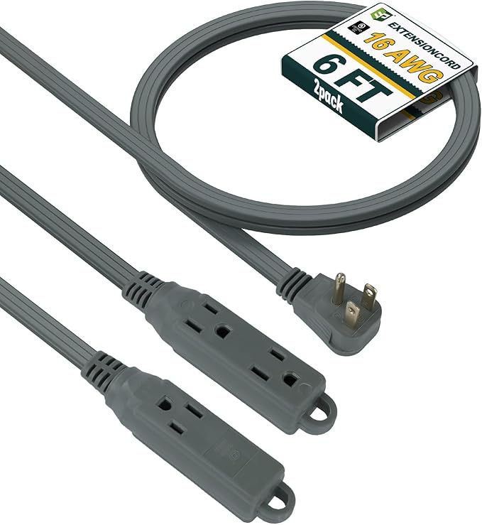 EP 6 Ft 3 Outlet Extension Cord with Flat Plug, 3 Prong Grounded, 16/3 SPT-3 Power Cable for Indoor Use, Grey, 2 Pack