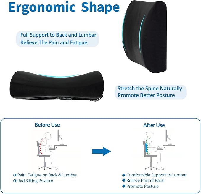 SAIREIDER Comfortable Lumbar Support Pillow for Office Chair, Memory Foam Back Support Pillows for Car、Gaming Chair、 Home Chair, Back Pain Relief Improve Posture, Double Adjustable Straps(Black)