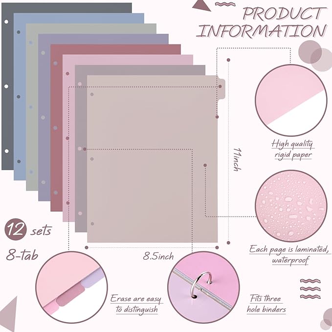 Honoson 12 Sets 8 Tab Dividers for 3 Ring Binders Plastic File 8.5 x 11 Inch Paper Multicolor Page Binder Index Dividers for School Office(Taro Color)