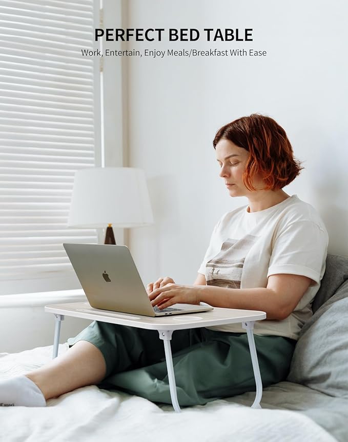 Laptop Bed Desk, Foldable Lap Table, Portable Study Table, Laptop Stand with Cup Holder & Tablet Slot & Lifting Handle for Working Writing Drawing & Eating - Green