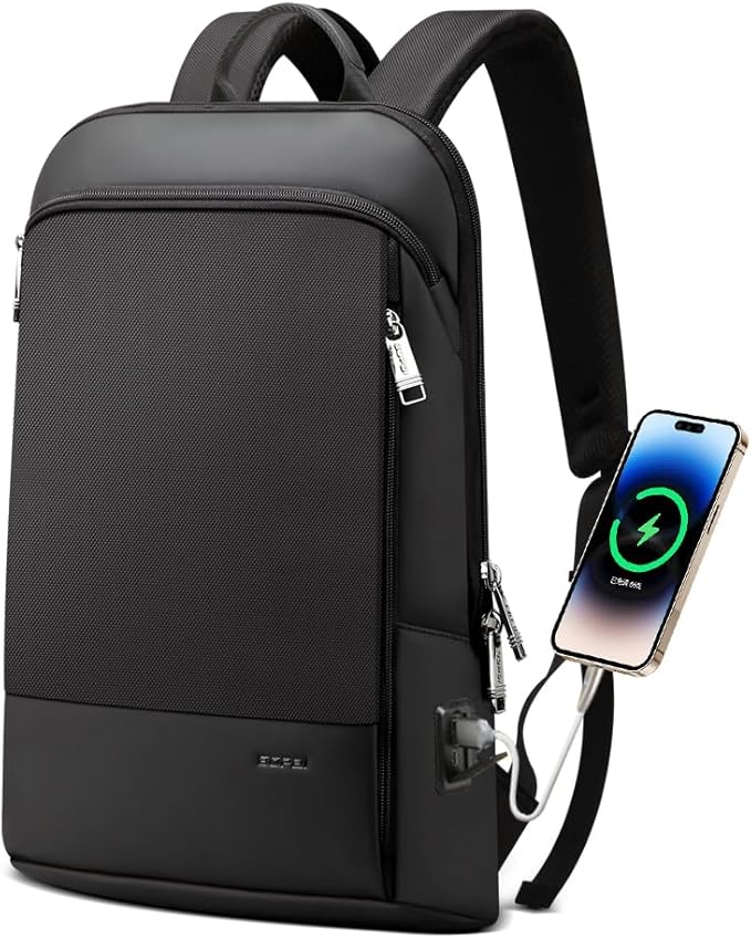BOPai Slim Laptop Thin Business Backpack with Bottle Holder USB Charging Professional for Men Notebook Work Office Anti Theft Smart Computer 15-15.6 inch Back pack Light Black
