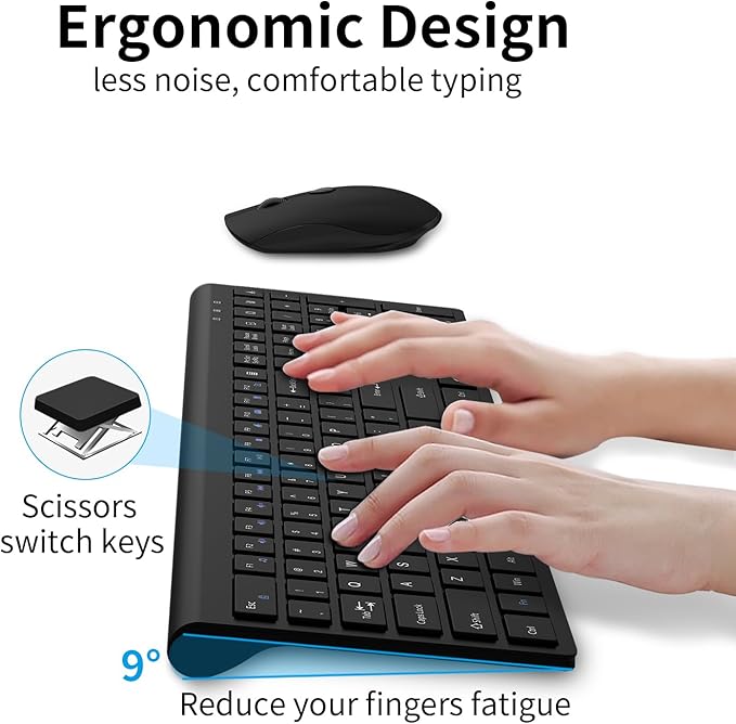 Wireless Keyboard and Mouse Combo, Silent Full-Size Computer Keyboard with Calculator Button, 2400 DPI Mice, Quiet Click, Slim Cordless USB Set for Laptop PC Windows Mac - Black